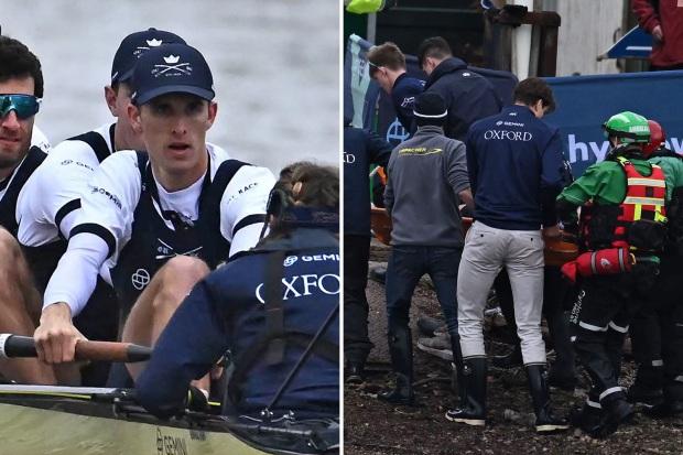 牛津赛艇运动员在划船比赛结束后晕倒后被担架送往医院