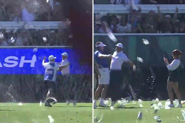 在阿德莱德的 LIV 高尔夫赛事中，吵闹的球迷向高尔夫球手扔啤酒，以庆祝蔡斯·科普卡在疯狂场面中一杆进洞