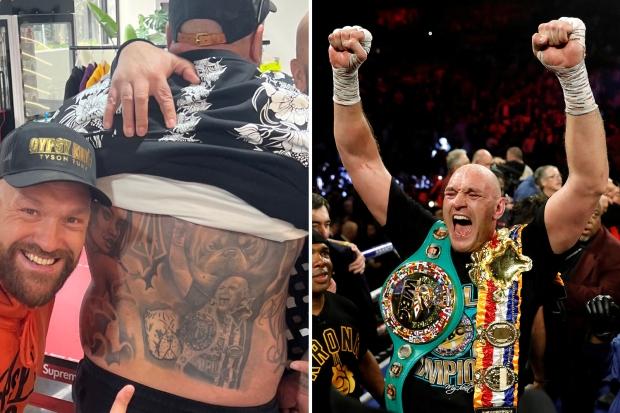 泰森·弗瑞 (Tyson Fury) 遇到铁杆粉丝时笑容满面，后者背上有巨大的吉普赛国王纹身