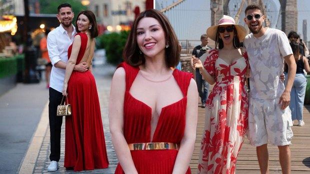 阿森纳球星若日尼奥的华丽女友凯瑟琳在纽约浪漫之夜外出时穿着优雅的红色连衣裙加入无胸罩俱乐部