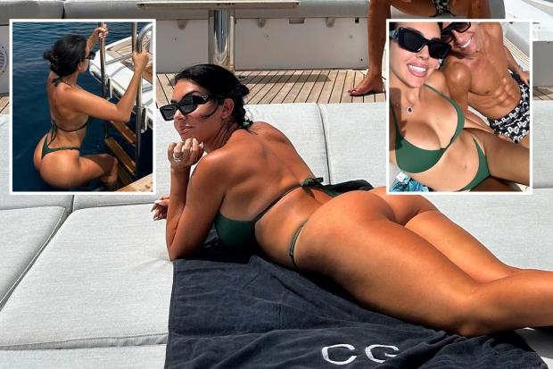 乔治娜·罗德里格斯 (Georgina Rodriguez) 与克里斯蒂亚诺·罗纳尔多 (Cristiano Ronaldo) 一起乘坐价值 550 万英镑的游艇，穿着几乎不存在的比基尼，展示桃色臀部