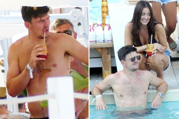 曼联球星哈里·马奎尔在经纪人婚礼的余兴派对上与妻子弗恩在泳池中放松身心并喝着酒