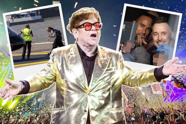 F1 明星刘易斯·汉密尔顿 (Lewis Hamilton) 乘坐直升机飞往格拉斯顿伯里 (Glastonbury)，观看埃尔顿·约翰 (Elton John) 与丈夫大卫·弗尼什 (David Furnish) 的比赛