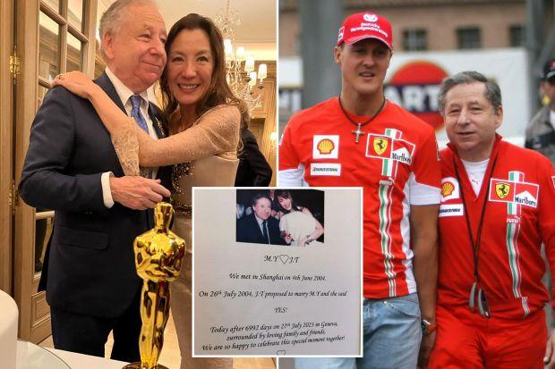 迈克尔·舒马赫 (Michael Schumacher) 的 F1 朋友、77 岁的让·托德 (Jean Todt) 在订婚 19 年后与 60 岁的奥斯卡奖得主杨紫琼 (Michelle Yeoh) 结婚