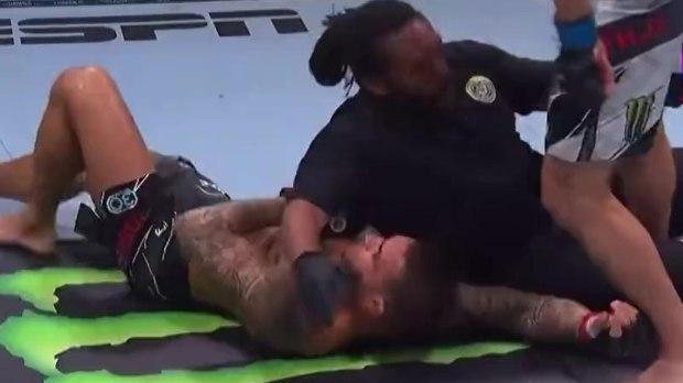 UFC 291 裁判赫伯·迪恩 (Herb Dean) 在残忍地击倒贾斯汀·加瑟杰 (Justin Gaethje) KO 后，意外将洛克人的肘部“掉落”到达斯汀·普瓦里尔 (Dustin Poirier) 身上