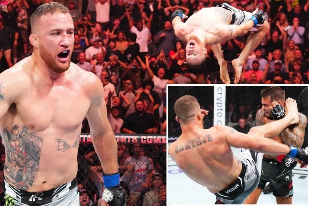 贾斯汀·盖特杰 (Justin Gaethje) 在 UFC 291 比赛中用残酷的头踢 KO 击倒达斯汀·波里尔 (Dustin Poirier)，赢得 BMF 冠军并确定比分