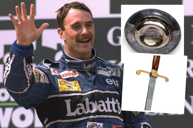 F1 传奇人物奈杰尔·曼塞尔 (Nigel Mansell) 价值 160 万英镑的纪念品拍卖会，您可以在这里购买水晶匕首、烟灰缸和剑