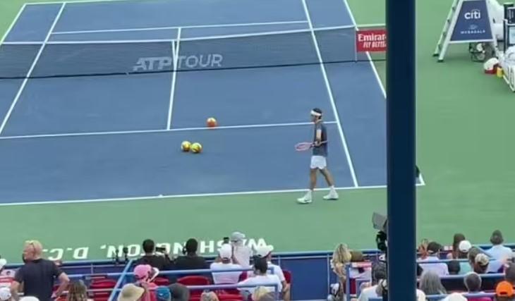 安迪·穆雷 (Andy Murray) 与泰勒·弗里茨 (Taylor Fritz) 的比赛因抗议者向球场扔巨型网球而暂停