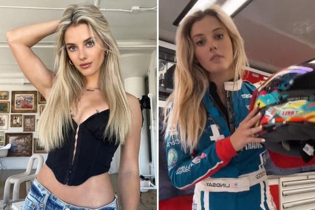 世界上最性感的赛车手林赛·布鲁尔 (Lindsay Brewer) 穿着暴露的上衣，在戏弄的镜头中离开赛道