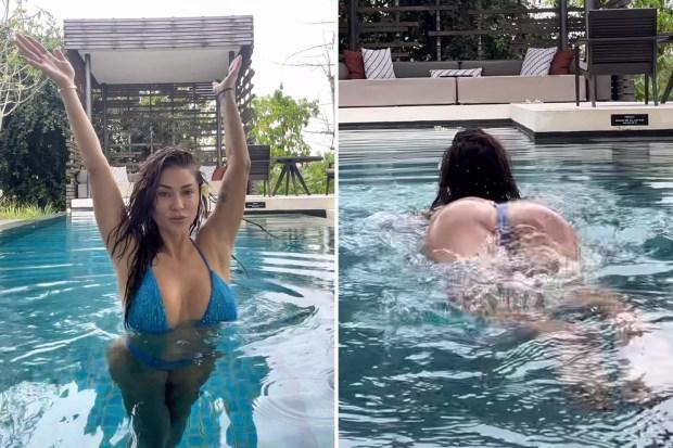 UFC 八角笼女孩阿里安尼·塞莱斯特 (Arianny Celeste) 在泳池中穿着小比基尼，在下一场 PPV 表演之前放松下来，看起来很性感