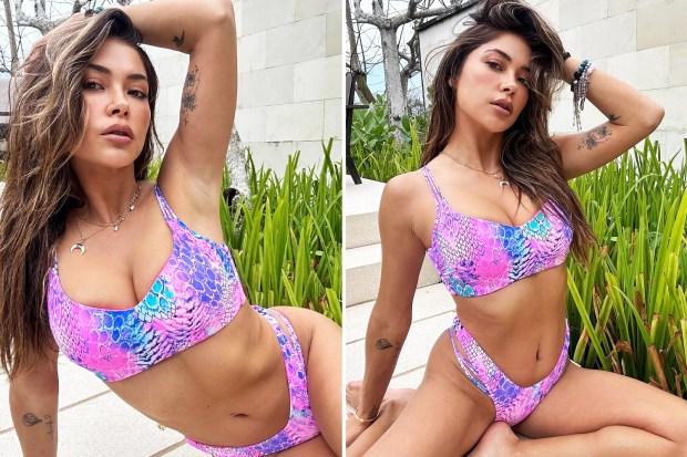 UFC 八角形女孩阿里安妮·塞莱斯特 (Arianny Celeste) 穿着大胆的比基尼展示健美的腹肌，被粉丝称为“纯粹的完美”