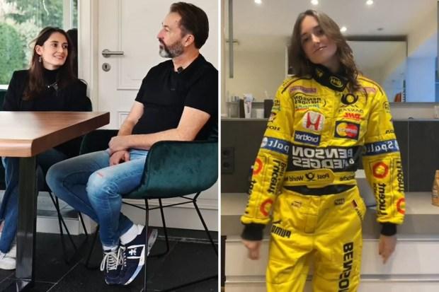 九十年代的标志性 F1 明星在 TikTok 上与他的女儿试穿他的旧赛车装备，看起来都认不出来了
