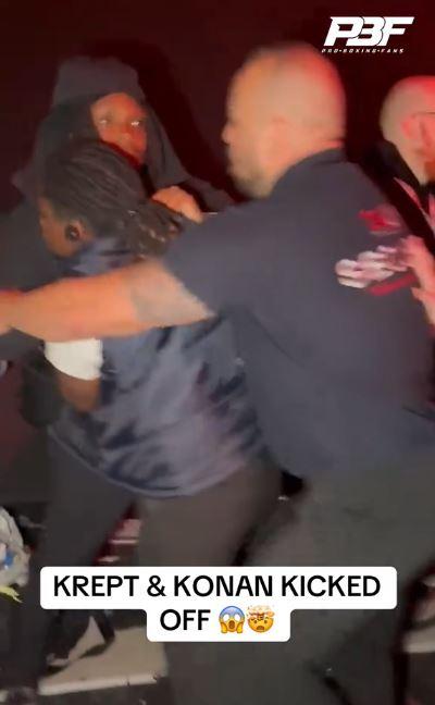 当说唱歌手Krept＆Konan被Misfits Boxing Match的“ Brawl”镜头拖走时，混乱爆发了