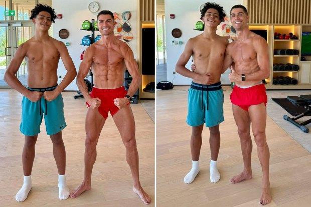 克里斯蒂亚诺·罗纳尔多（Cristiano Ronaldo）和儿子克里斯蒂亚诺（Cristiano Jr）一起炫耀他们的腹肌