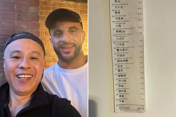 凯尔·沃克（Kyle Walker）上涨了340英镑的中国外卖订单，包括105英镑，曼城之星享受假期