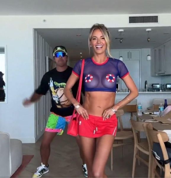 布鲁克斯·科普卡（Brooks Koepka）的妻子耶拿·西姆斯（Jena Sims）穿着透明服装，高尔夫明星在奇异的视频中疯狂地舞蹈