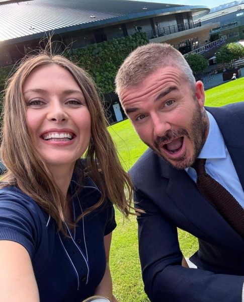 大卫·贝克汉姆（David Beckham）与俱乐部世界杯（Club World Cup）的疯狂4,000英里处于Wimbledon的玛丽亚·莎拉波娃（Maria Sharapova）和加雷斯·索斯（Gareth Southgate）一起